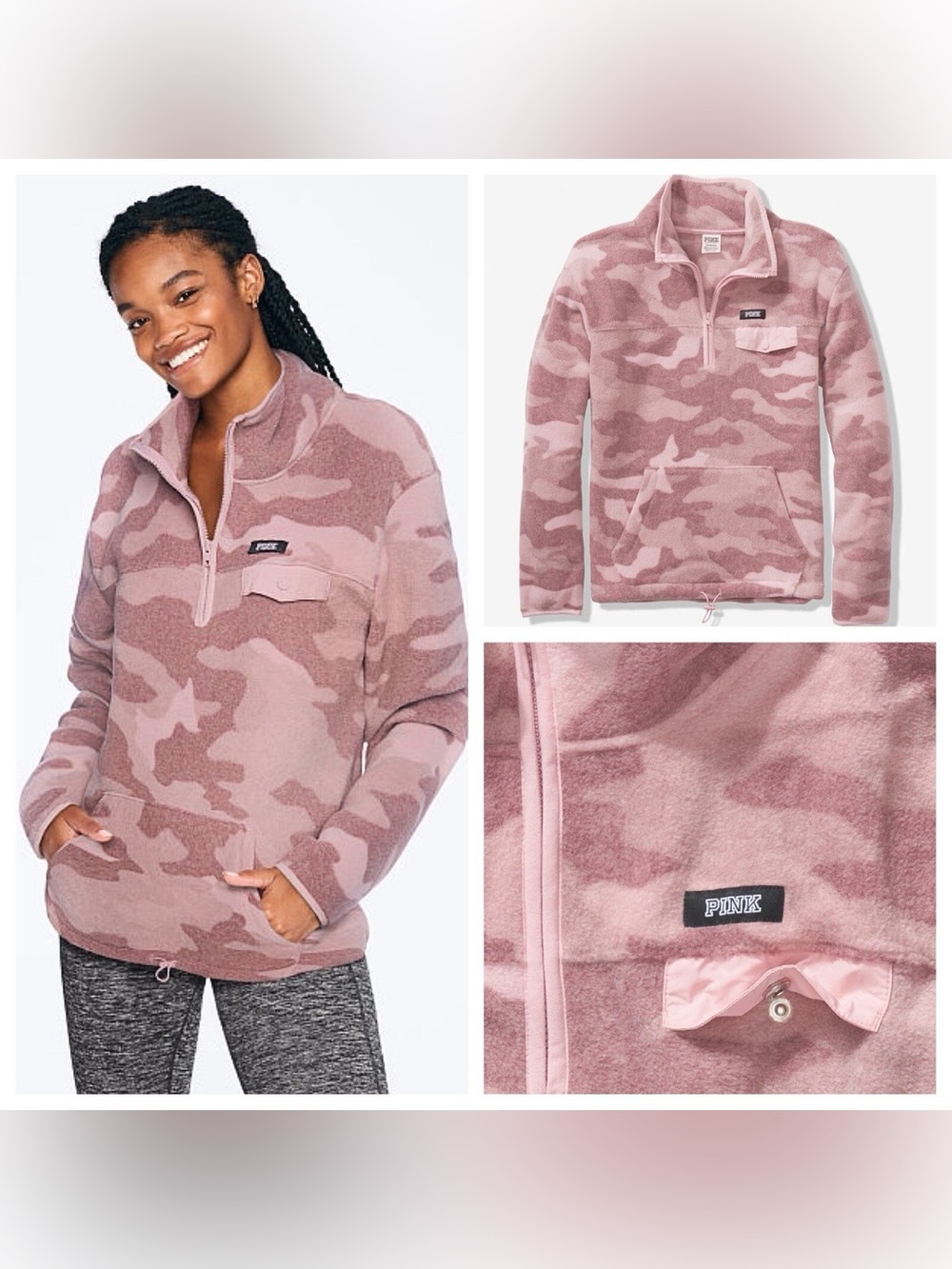 Victoria’s Secret PINK Polar Fleece Half Zip Sweater in Pink Camo Size XS